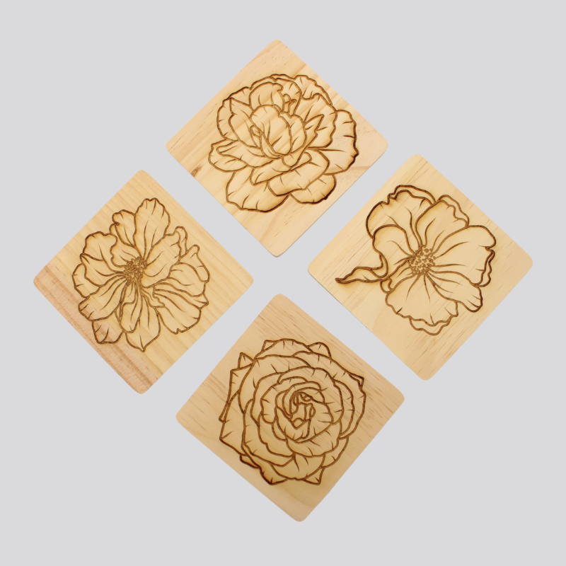 Peonies Wooden Coaster Set