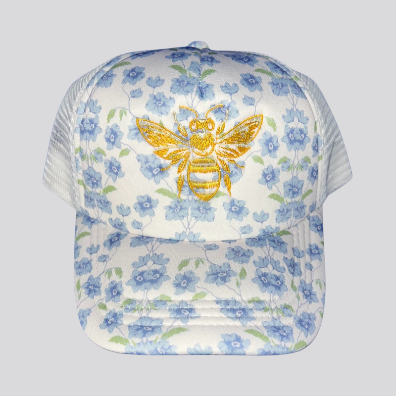 Blue Floral Bee Foam Trucker Hat Embroidered