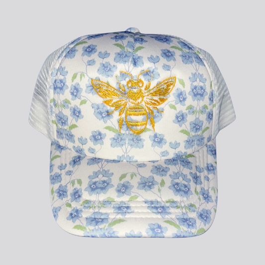 Blue Floral Bee Foam Trucker Hat Embroidered